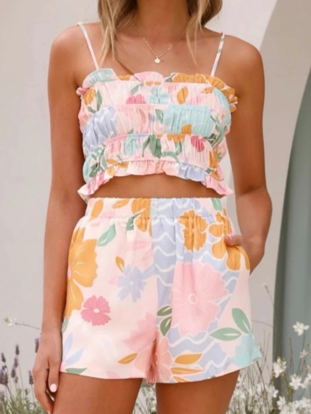 Floral Smocked Crop Top - Pastel Multi S M L multiple